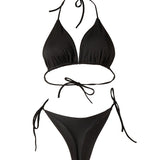 Solid Color Bikini Swimsuit with Chest Pad - Stylish Lace-up Beachwear - Aqova