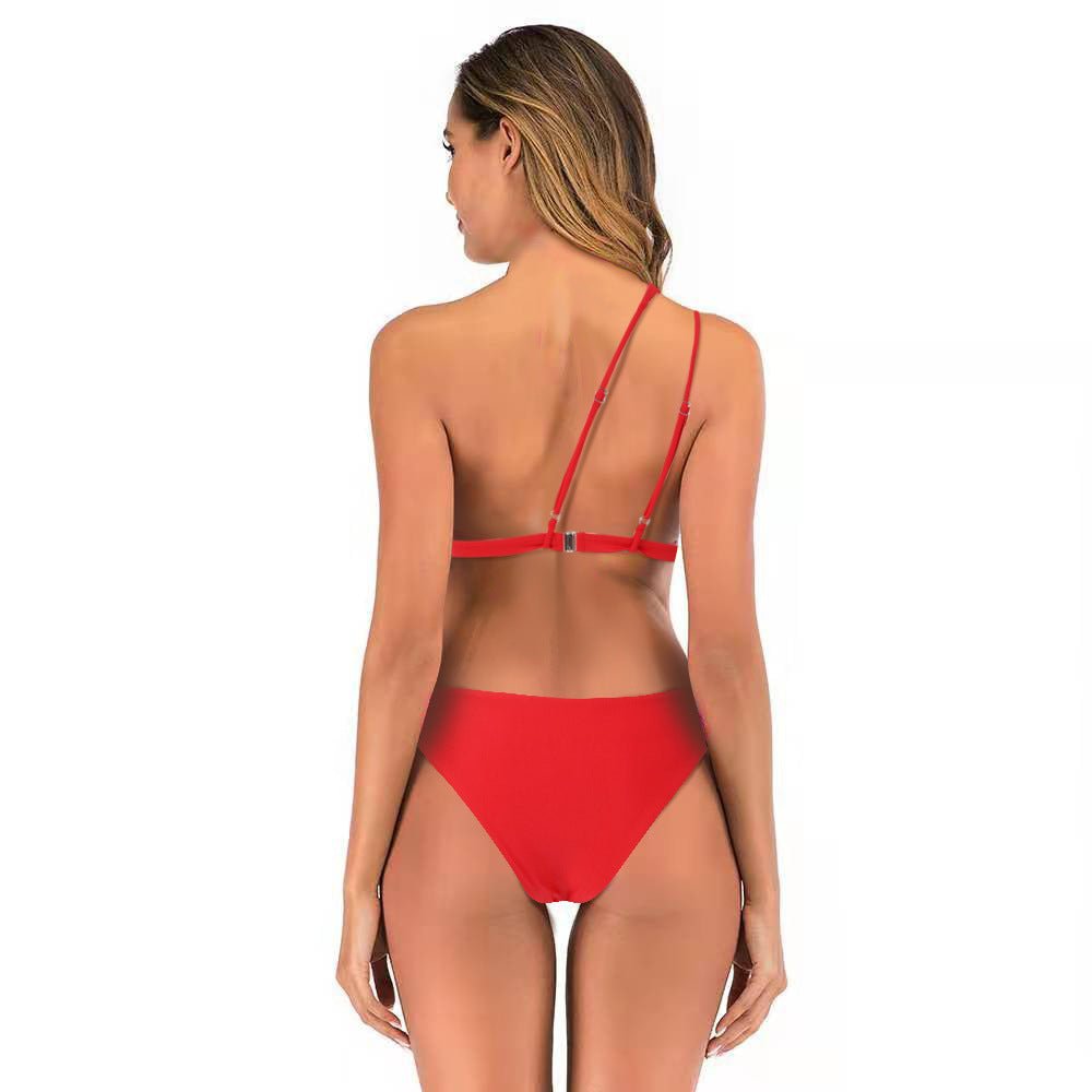 Solid Color One Shoulder Sexy Bikini - Aqova