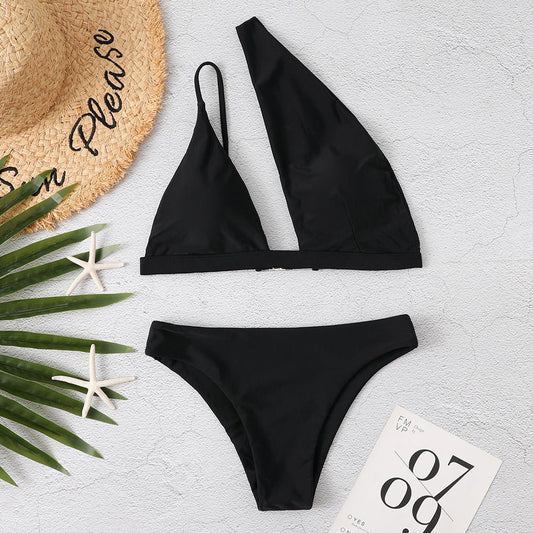 Solid Color One Shoulder Sexy Bikini - Aqova