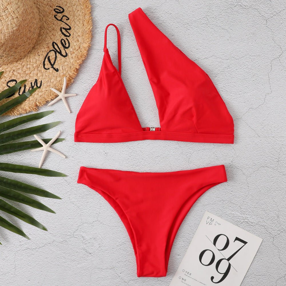 Solid Color One Shoulder Sexy Bikini - Aqova
