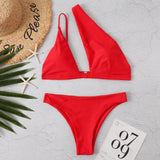 Solid Color One Shoulder Sexy Bikini - Aqova