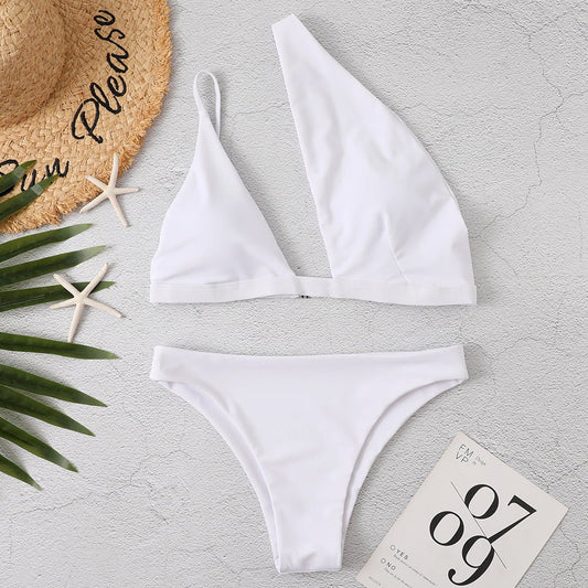Solid Color One Shoulder Sexy Bikini - Aqova