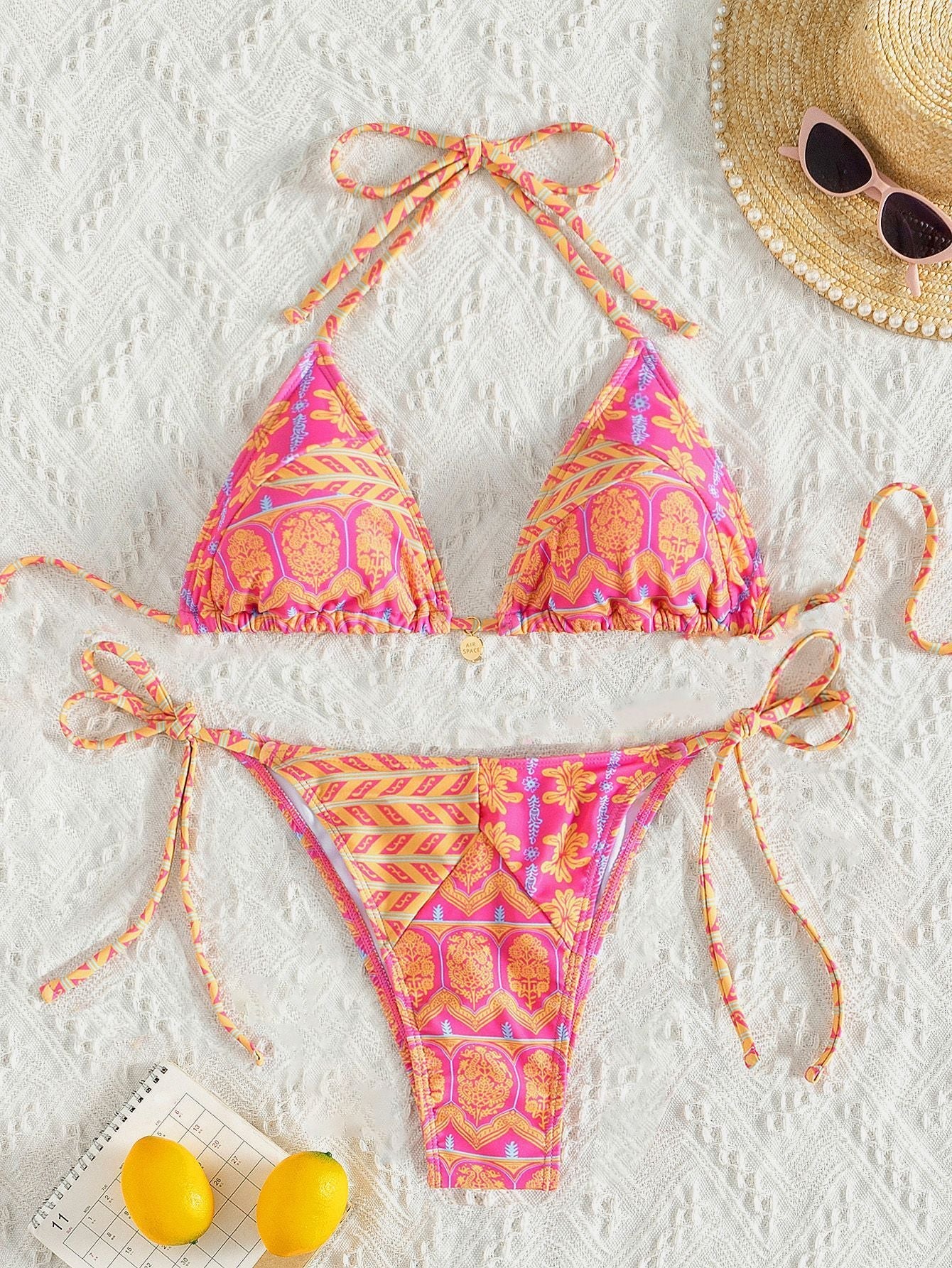 Split Bikini Printing Stitching Bandage Swimsuit - Aqova