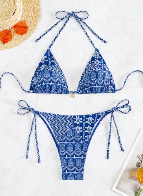 Split Bikini Printing Stitching Bandage Swimsuit - Aqova