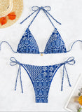 Split Bikini Printing Stitching Bandage Swimsuit - Aqova