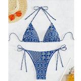 Split Bikini Printing Stitching Bandage Swimsuit - Aqova