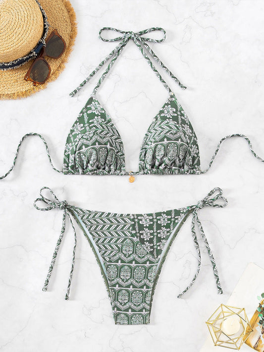 Split Bikini Printing Stitching Bandage Swimsuit - Aqova