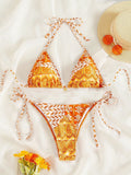 Split Bikini Printing Stitching Bandage Swimsuit - Aqova