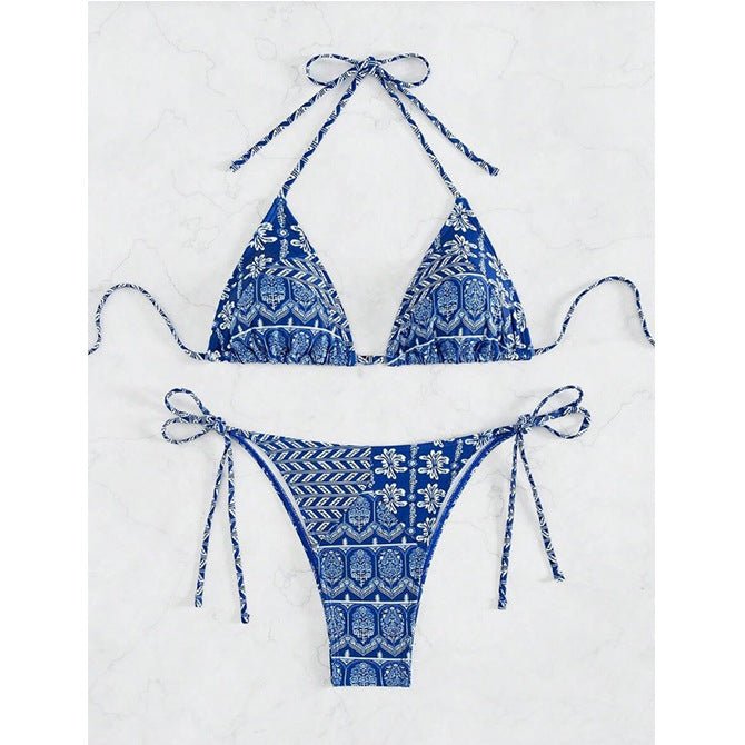 Split Bikini Printing Stitching Bandage Swimsuit - Aqova