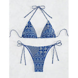 Split Bikini Printing Stitching Bandage Swimsuit - Aqova