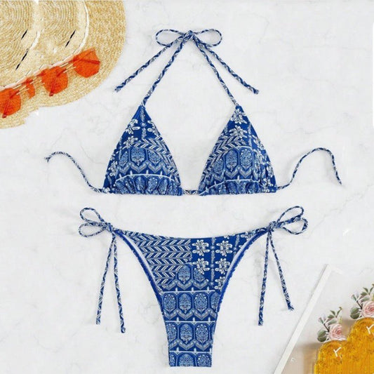 Split Bikini Printing Stitching Bandage Swimsuit - Aqova