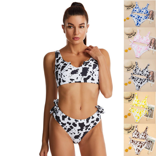Split Cow Print Bow Bikini Swimsuit Women - Aqova