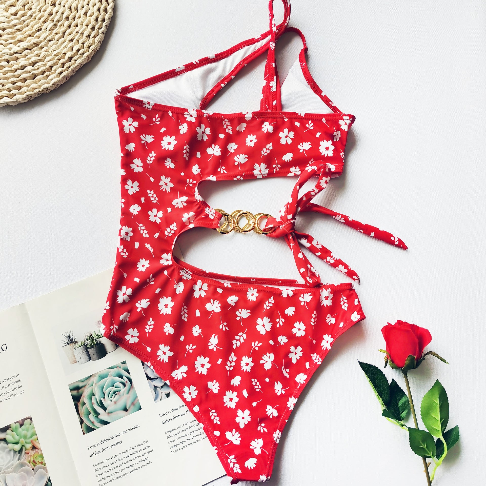 Split Small Floral One - Piece Irregular Stitching Bikini - Aqova