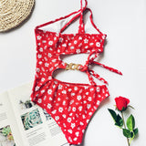 Split Small Floral One - Piece Irregular Stitching Bikini - Aqova