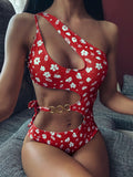 Split Small Floral One - Piece Irregular Stitching Bikini - Aqova