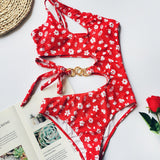 Split Small Floral One - Piece Irregular Stitching Bikini - Aqova