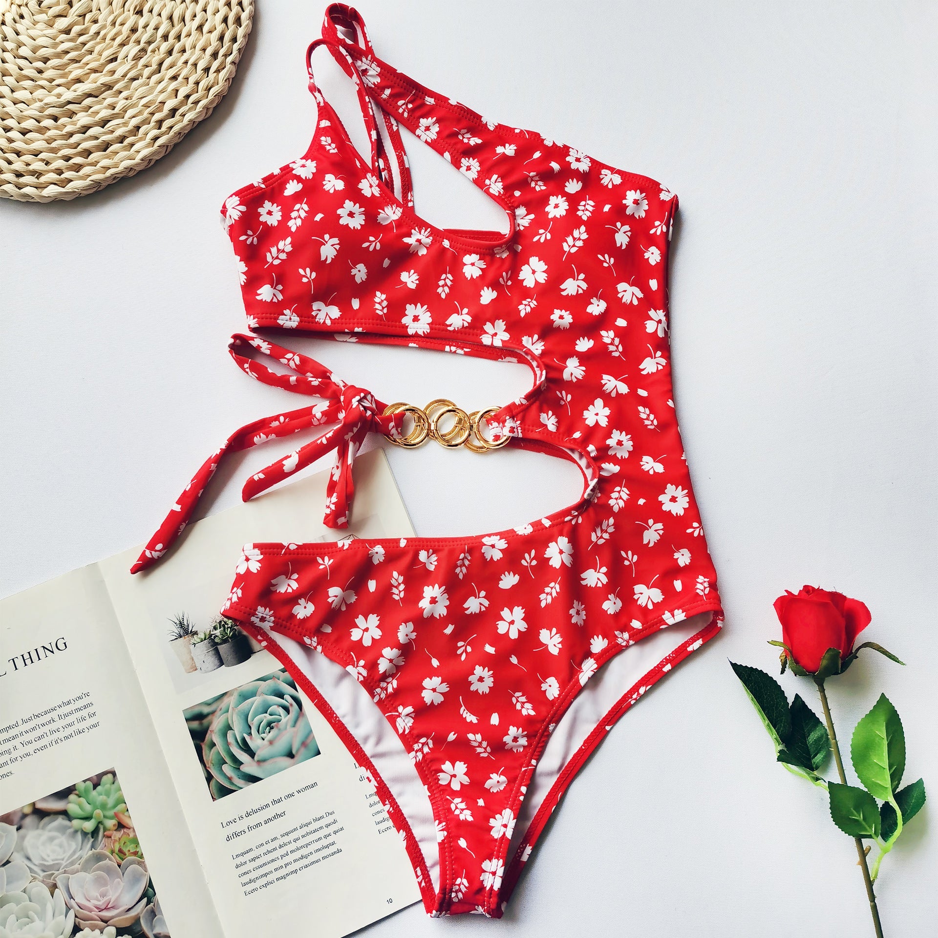 Split Small Floral One - Piece Irregular Stitching Bikini - Aqova