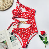 Split Small Floral One - Piece Irregular Stitching Bikini - Aqova