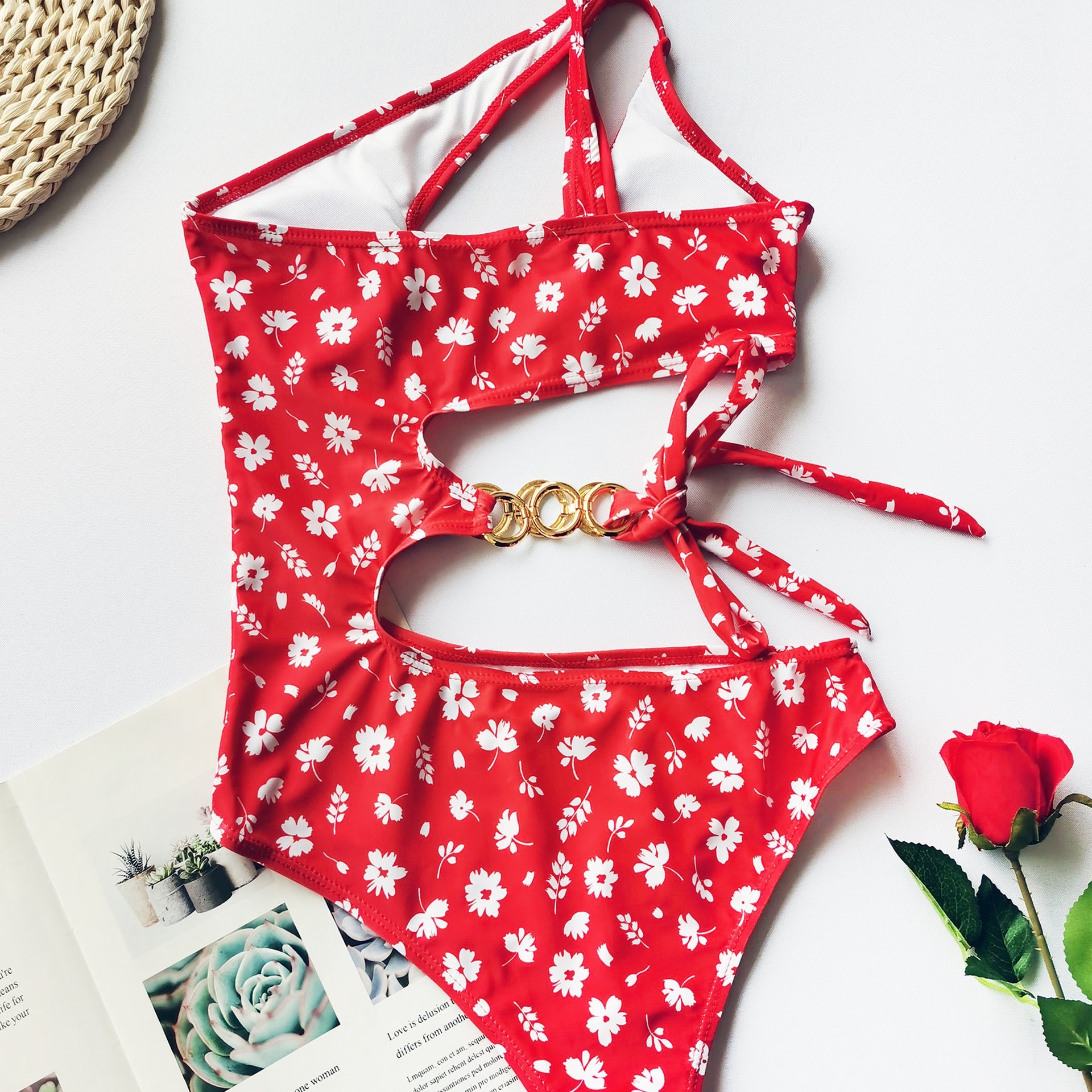 Split Small Floral One - Piece Irregular Stitching Bikini - Aqova
