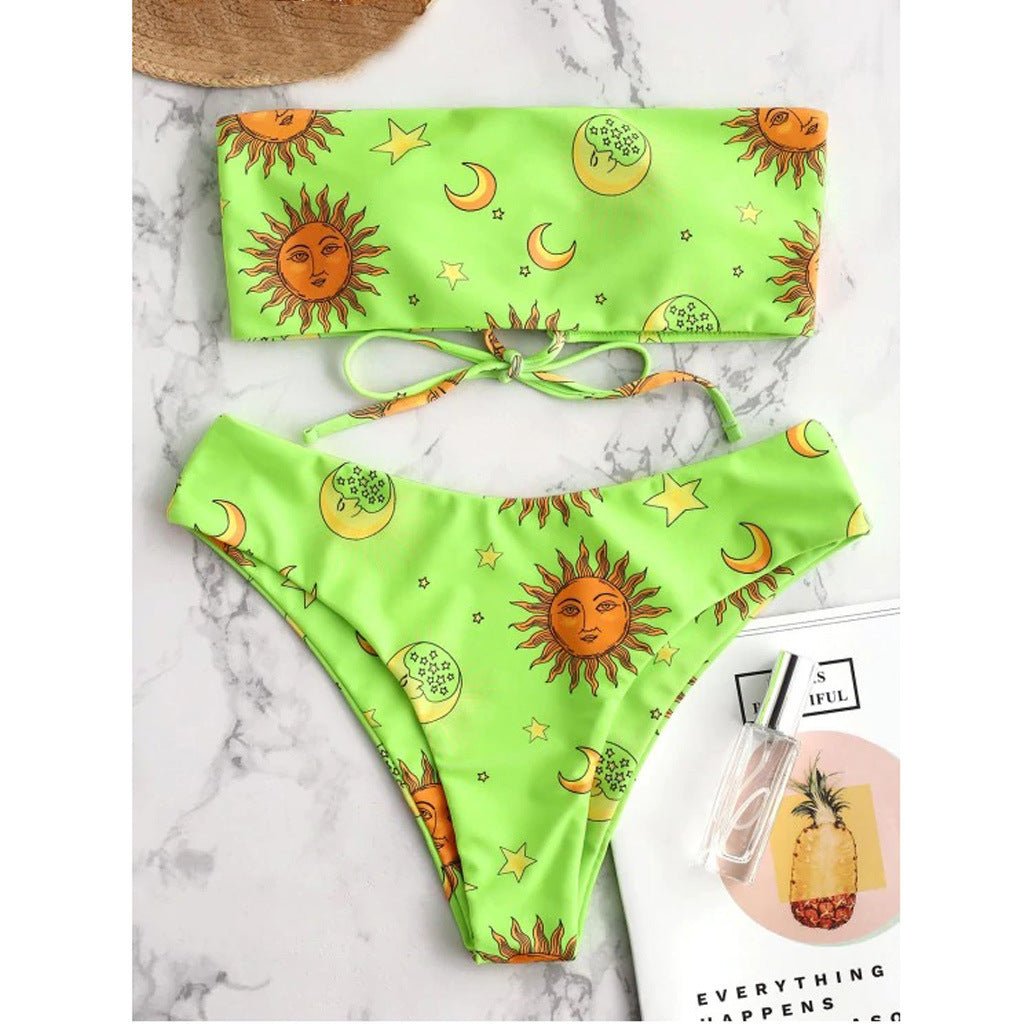 Star Print Triangle Women's Lace Up Sexy Split Bra Bikini - Aqova