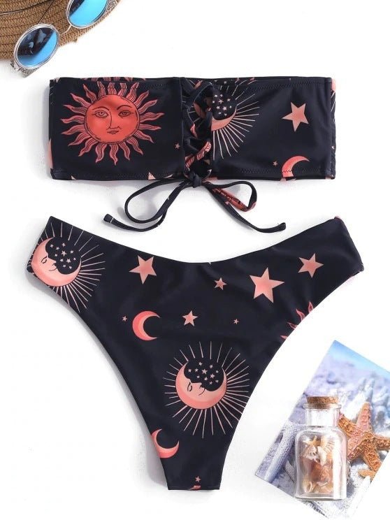 Star Print Triangle Women's Lace Up Sexy Split Bra Bikini - Aqova