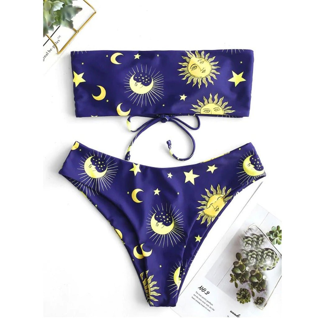 Star Print Triangle Women's Lace Up Sexy Split Bra Bikini - Aqova
