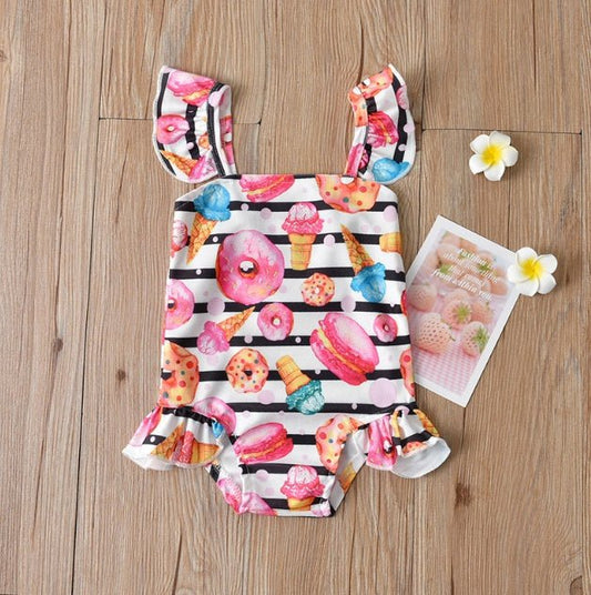Striped Donut Girl's Swimsuit - Cute Pink Swimwear for Ages 2 - 5 - Aqova