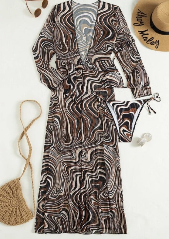 Striped Lace - up Maxi Dress Mesh Three - piece Set - Aqova