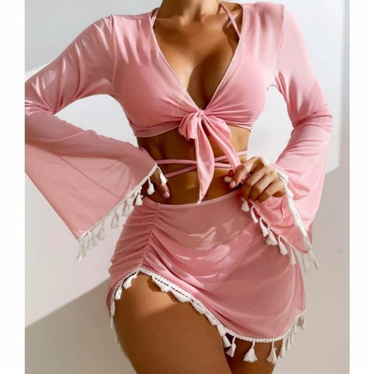 Stylish 4-Piece Bikini Set with Skirt & Cover-Up - Summer Swimwear - Aqova