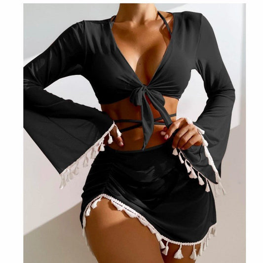 Stylish 4-Piece Bikini Set with Skirt & Cover-Up - Summer Swimwear - Aqova