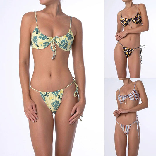 Stylish Floral Bikini Split - Supportive Chest Pad & Striped Design - Aqova