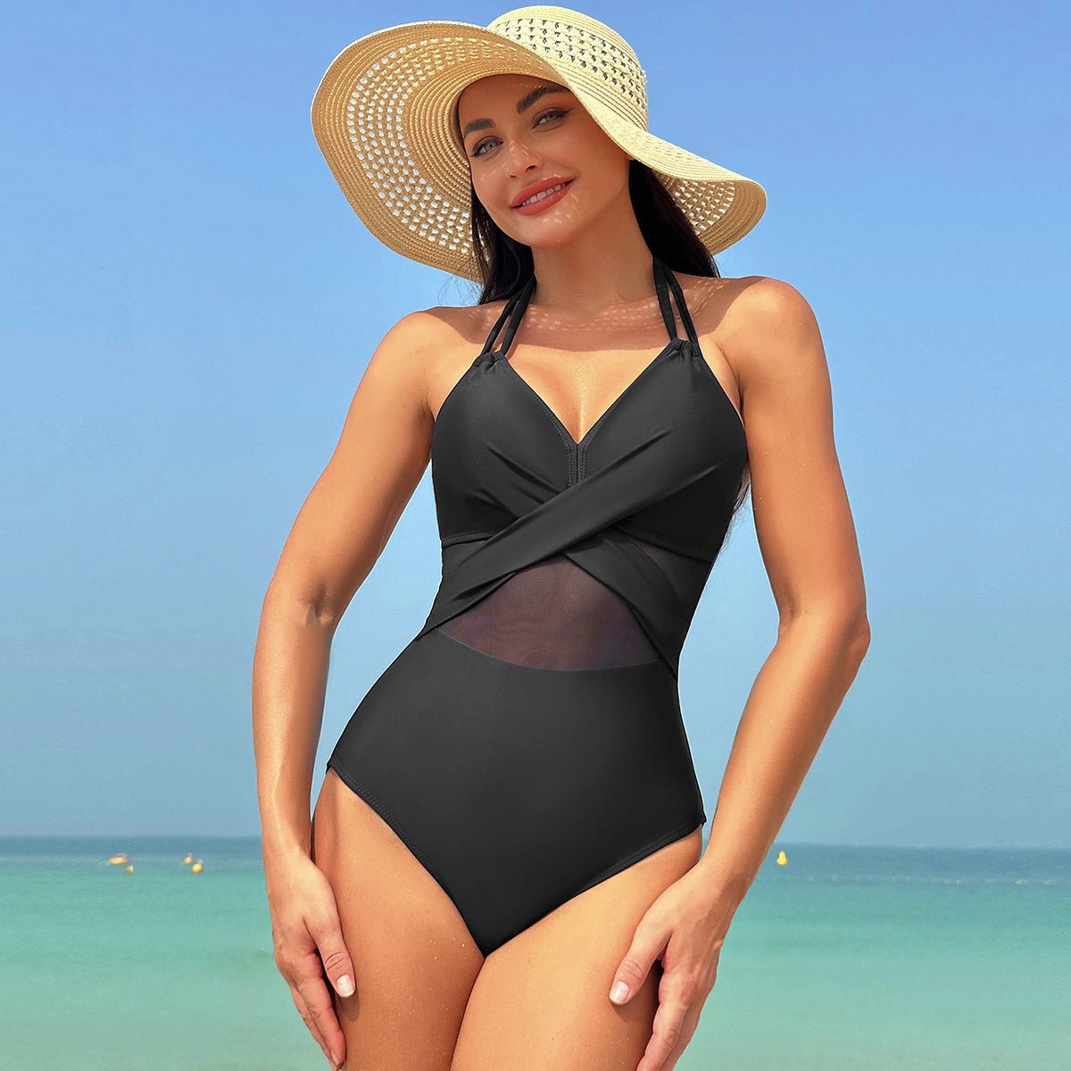 Stylish Halter-neck One-piece Swimsuit - Solid Color & Cross-strap Design - Aqova