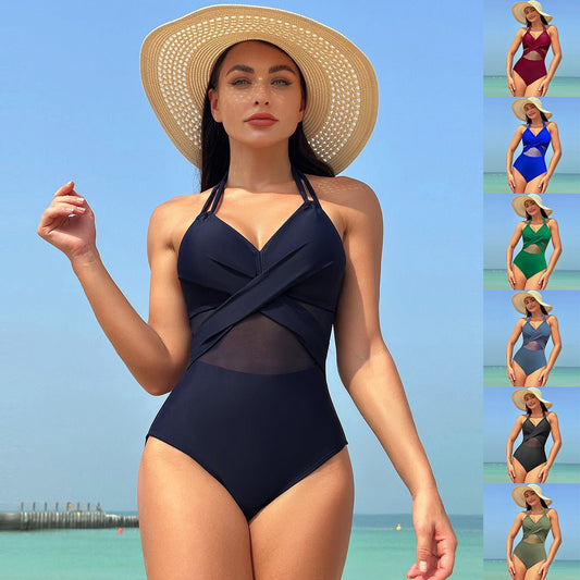 Stylish Halter-neck One-piece Swimsuit - Solid Color & Cross-strap Design - Aqova