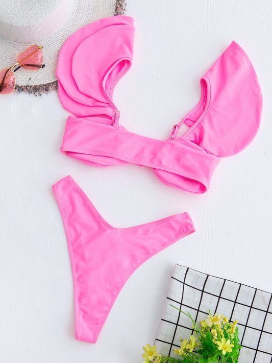 Stylish Solid Color Ruffle Swimsuit - Women's 2 Piece Bikini Set - Aqova
