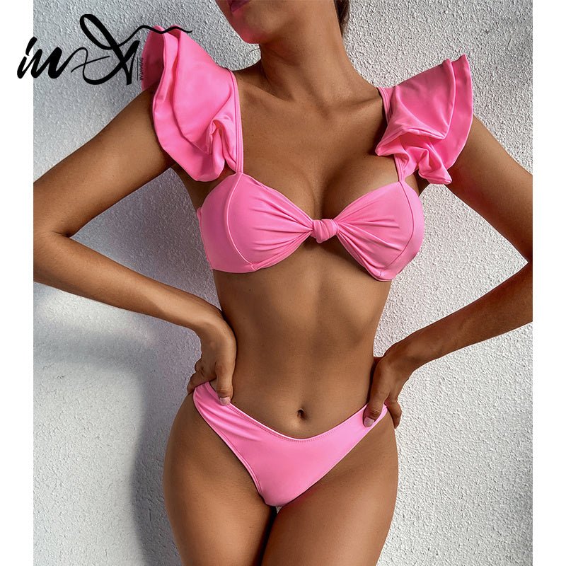 Stylish Solid Color Ruffle Swimsuit - Women's 2 Piece Bikini Set - Aqova
