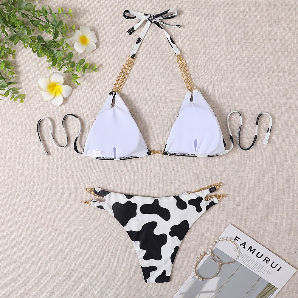 Stylish Women's Bikini Set - Chain Design, Black Floral Print - Aqova