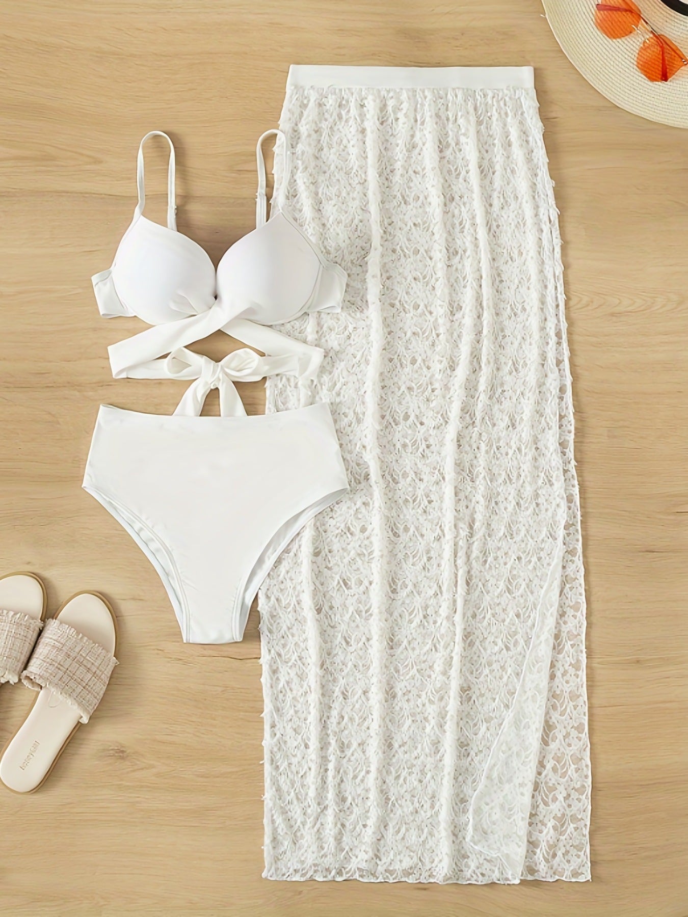Swimsuit Elegant Gathered Long Skirt Bikini Three Pieces - Aqova