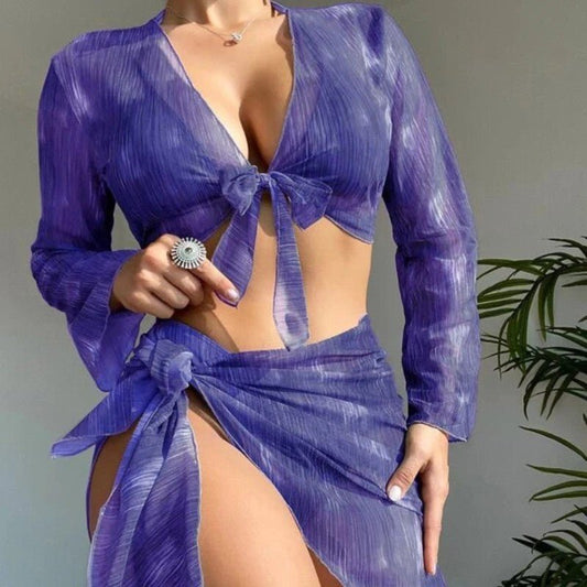 Swimsuit New 4 PCs Set Split Long Sleeve Bikini For Women - Aqova