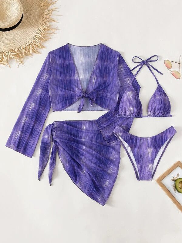 Swimsuit New 4 PCs Set Split Long Sleeve Bikini For Women - Aqova