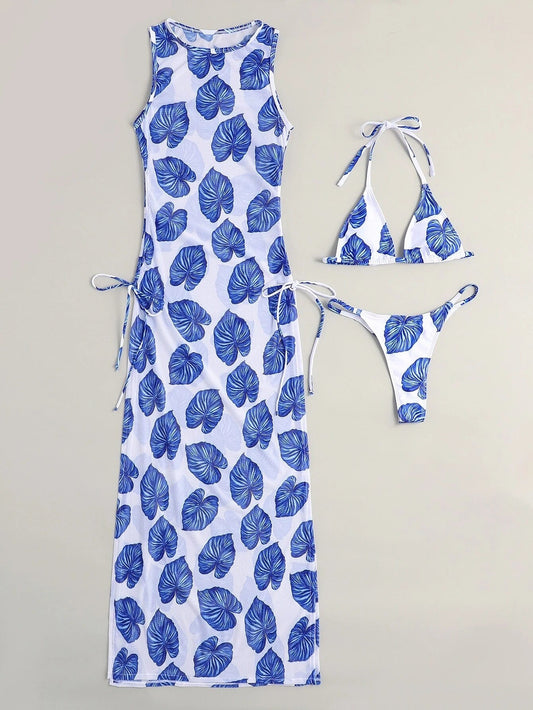Swimsuit Women's Split Three - point Backless Print Mesh Three - piece Suit - Aqova