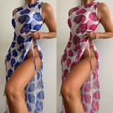 Swimsuit Women's Split Three - point Backless Print Mesh Three - piece Suit - Aqova
