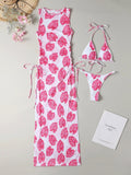 Swimsuit Women's Split Three - point Backless Print Mesh Three - piece Suit - Aqova