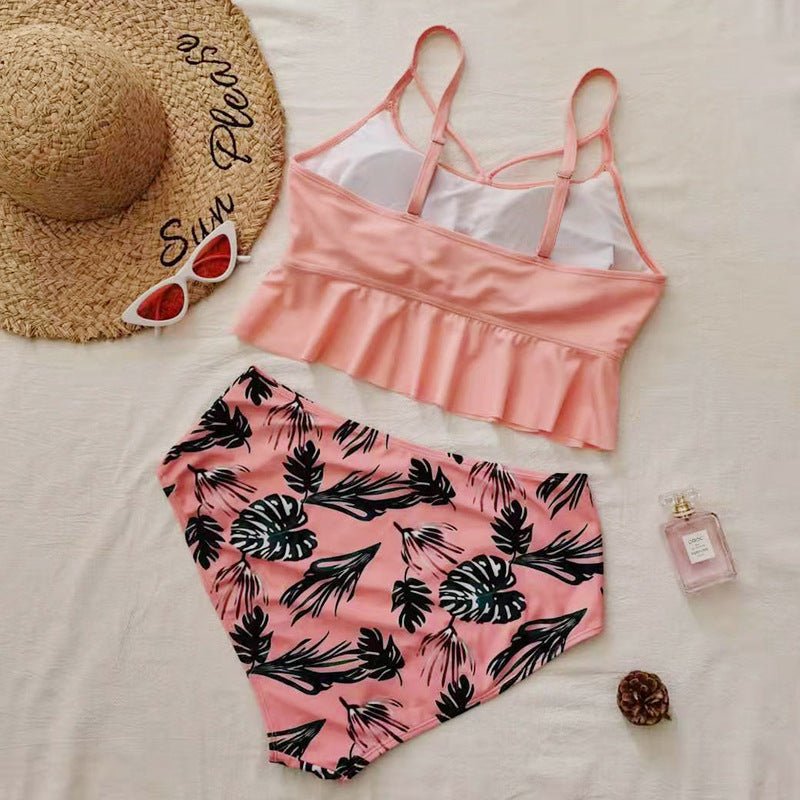 Swimsuit Women's Triangle High Waist Printed Solid Color Tankini Swimsuit - Aqova