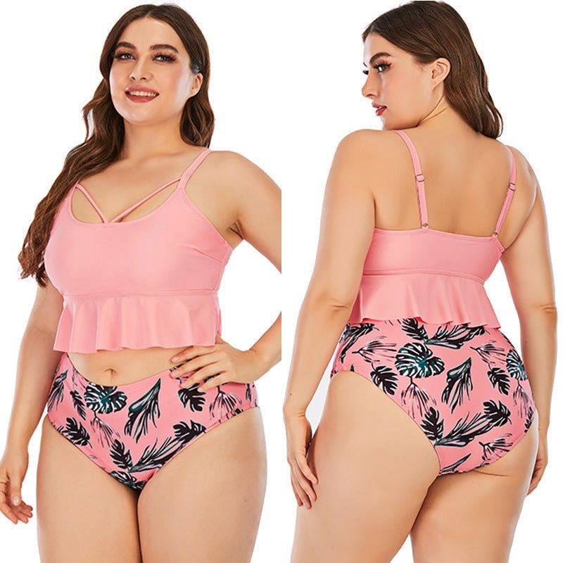 Swimsuit Women's Triangle High Waist Printed Solid Color Tankini Swimsuit - Aqova