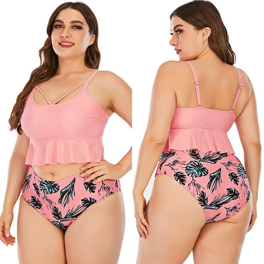 Swimsuit Women's Triangle High Waist Printed Solid Color Tankini Swimsuit - Aqova