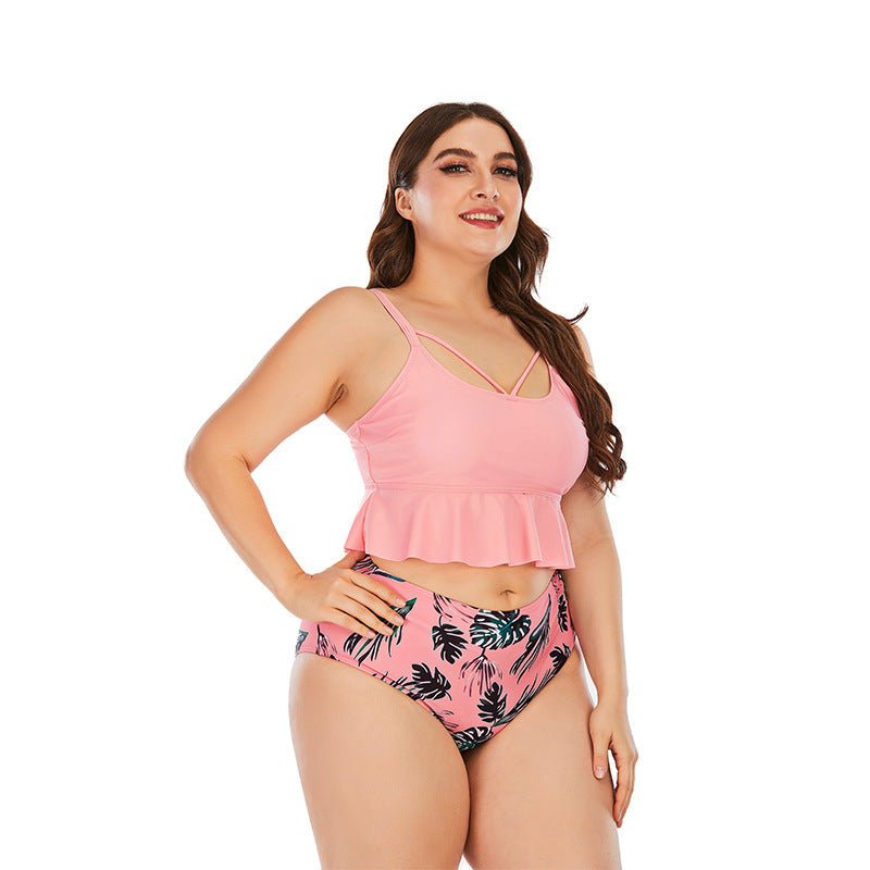 Swimsuit Women's Triangle High Waist Printed Solid Color Tankini Swimsuit - Aqova