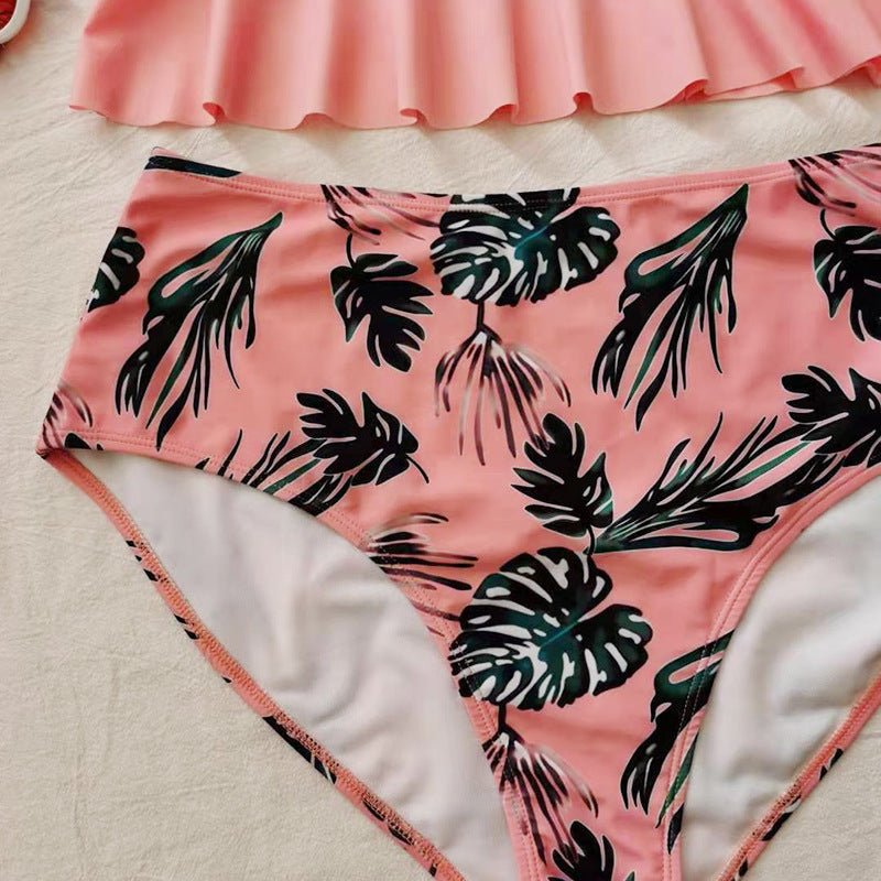 Swimsuit Women's Triangle High Waist Printed Solid Color Tankini Swimsuit - Aqova