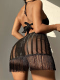 Tassel Tube Top Suspender Mesh Three - piece Set - Aqova