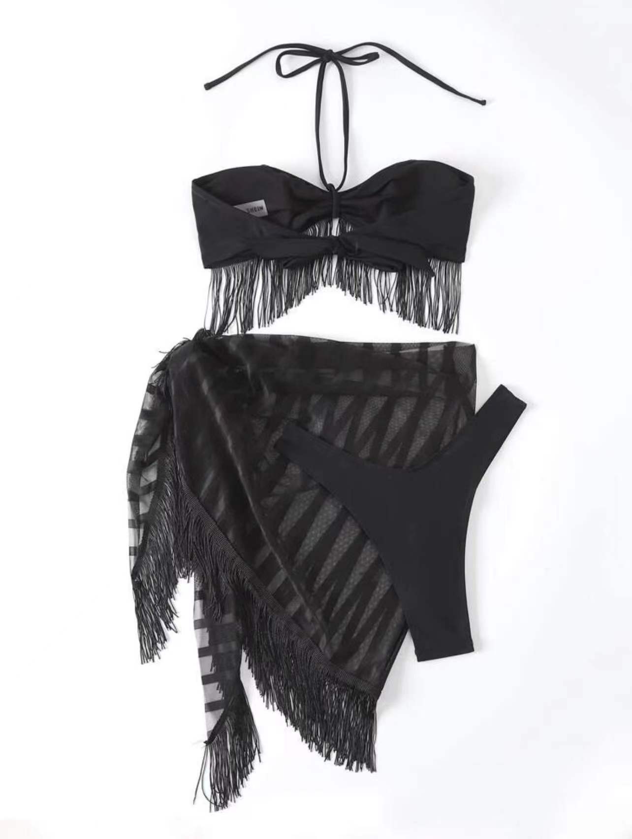 Tassel Tube Top Suspender Mesh Three - piece Set - Aqova