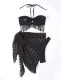 Tassel Tube Top Suspender Mesh Three - piece Set - Aqova
